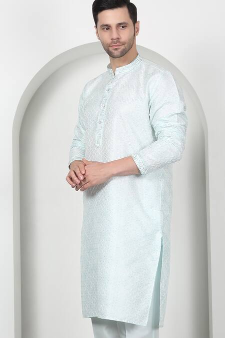 Shop Aham-Vayam Blue Cotton Sequins, Embroidery Diagonal Kurta Set Online at Aza Fashions Shop_Aham-Vayam_Blue Cotton Sequins, Embroidery Diagonal Kurta Set _Online_at_Aza_Fashions