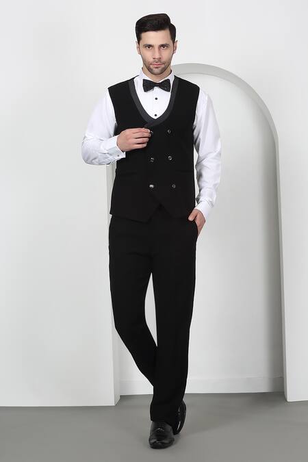 Buy_Aham-Vayam_Black Cotton Beads, Cut Work Designer Embroidered Tuxedo Set _Online_at_Aza_Fashions