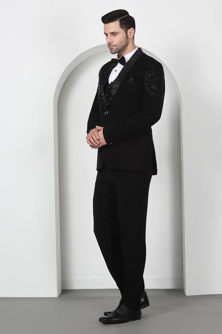 Aham-Vayam_Black Cotton Beads, Cut Work Designer Embroidered Tuxedo Set _at_Aza_Fashions
