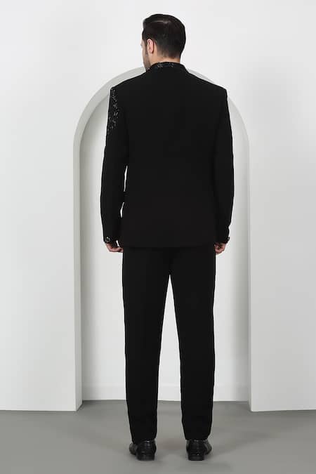Shop_Aham-Vayam_Black Cotton Beads, Cut Work Designer Embroidered Tuxedo Set _at_Aza_Fashions