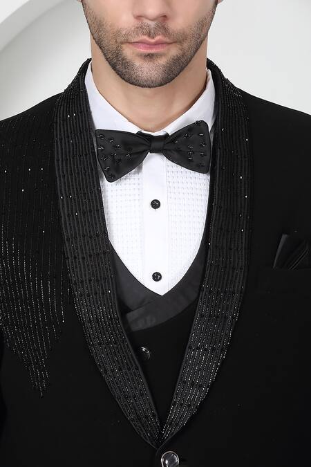 Shop_Aham-Vayam_Black Cotton Beads, Cut Work Designer Embroidered Tuxedo Set 