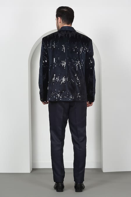 Shop Aham-Vayam White Cotton, Silk Sequins, Embroidery Dark Navy Tuxedo Set at Aza Fashions Shop_Aham-Vayam_White Cotton, Silk Sequins, Embroidery Dark Navy Tuxedo Set _at_Aza_Fashions