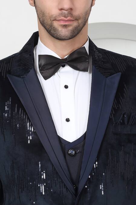 Buy Aham-Vayam White Cotton, Silk Sequins, Embroidery Dark Navy Tuxedo Set Buy_Aham-Vayam_White Cotton, Silk Sequins, Embroidery Dark Navy Tuxedo Set