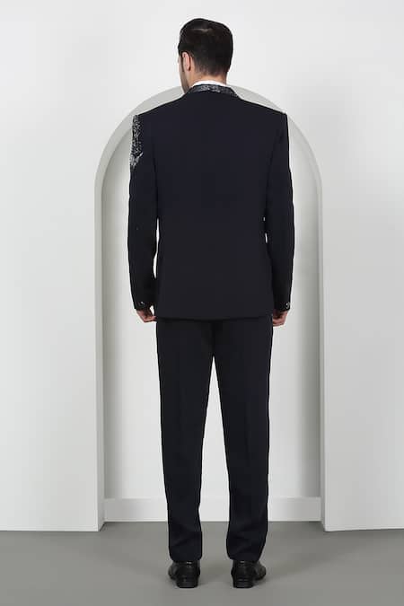 Shop Aham-Vayam Navy Cotton Sequins, Embroidery Cutdana Tuxedo Set at Aza Fashions Shop_Aham-Vayam_Navy Cotton Sequins, Embroidery Cutdana Tuxedo Set _at_Aza_Fashions