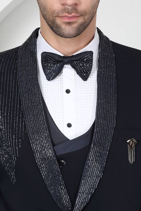 Buy Aham-Vayam Navy Cotton Sequins, Embroidery Cutdana Tuxedo Set Buy_Aham-Vayam_Navy Cotton Sequins, Embroidery Cutdana Tuxedo Set