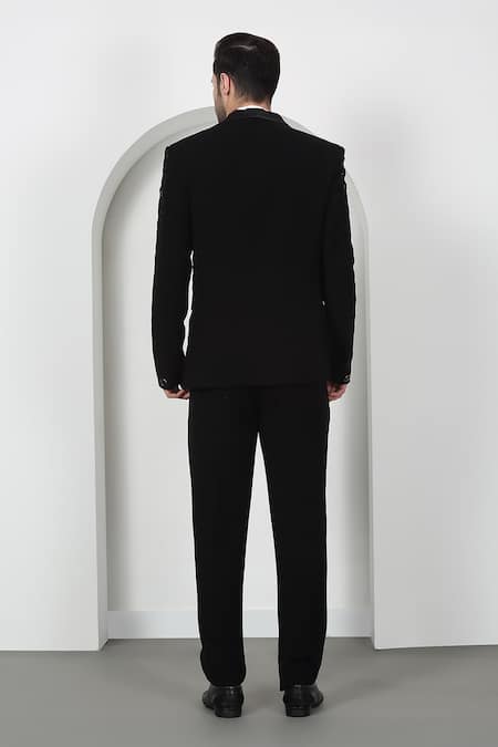 Shop Aham-Vayam Black Cotton Beads, Cut Work, Embroidery Floral Tuxedo Set at Aza Fashions Shop_Aham-Vayam_Black Cotton Beads, Cut Work, Embroidery Floral Tuxedo Set _at_Aza_Fashions