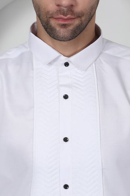 Aham-Vayam_White Cotton Cut Work, Beads Embroidered Tuxedo Set With Bow _Online_at_Aza_Fashions