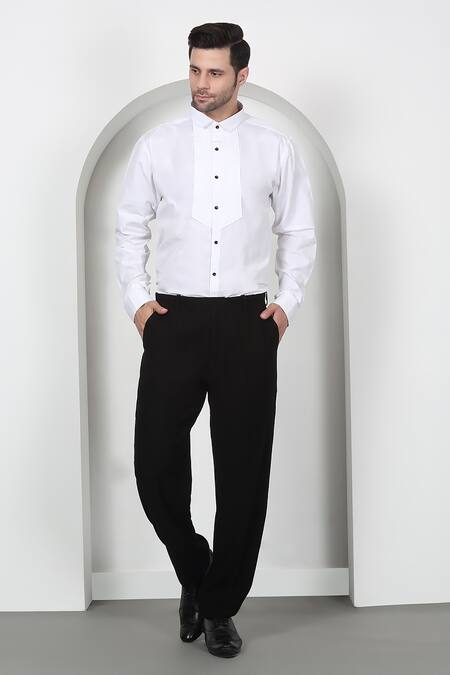 Aham-Vayam_White Cotton Cut Work, Beads Embroidered Tuxedo Set With Bow _at_Aza_Fashions