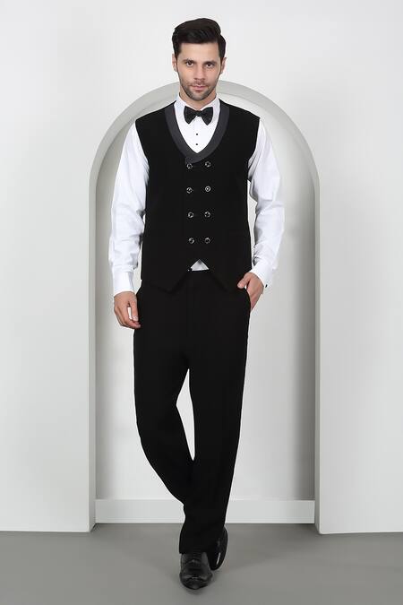 Buy_Aham-Vayam_Black Cotton Beads, Cut Work Designer Cutdana Embroidered Tuxedo Set _Online_at_Aza_Fashions