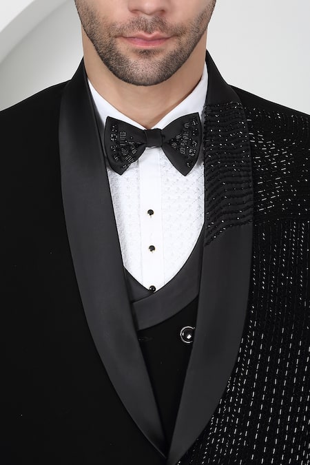 Aham-Vayam_Black Cotton Beads, Cut Work Designer Cutdana Embroidered Tuxedo Set _at_Aza_Fashions