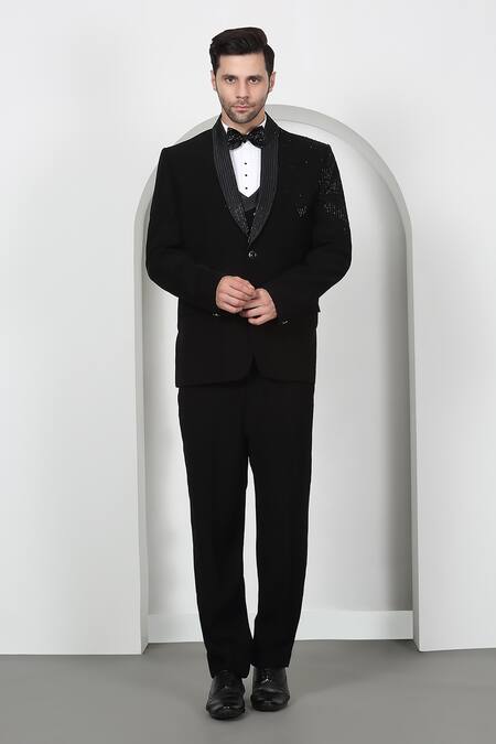 Shop Aham-Vayam Black Cotton Beads, Cut Work Embroidered Tuxedo Set With Bow Online at Aza Fashions Shop_Aham-Vayam_Black Cotton Beads, Cut Work Embroidered Tuxedo Set With Bow _Online_at_Aza_Fashions