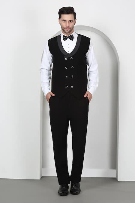Aham-Vayam Black Cotton Beads, Cut Work Embroidered Tuxedo Set With Bow at Aza Fashions Aham-Vayam_Black Cotton Beads, Cut Work Embroidered Tuxedo Set With Bow _at_Aza_Fashions
