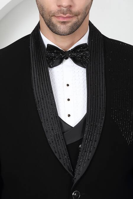 Buy Aham-Vayam Black Cotton Beads, Cut Work Embroidered Tuxedo Set With Bow Buy_Aham-Vayam_Black Cotton Beads, Cut Work Embroidered Tuxedo Set With Bow