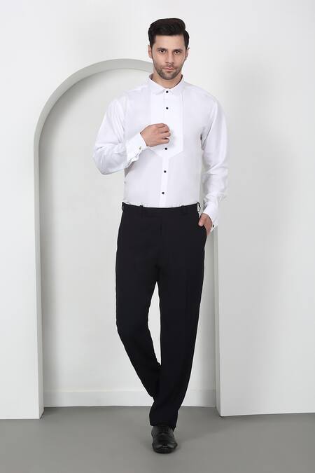 Aham-Vayam_White Cotton Embroidery, Beads, Cut Work Navy Tuxedo Set With Waistcoat _Online_at_Aza_Fashions