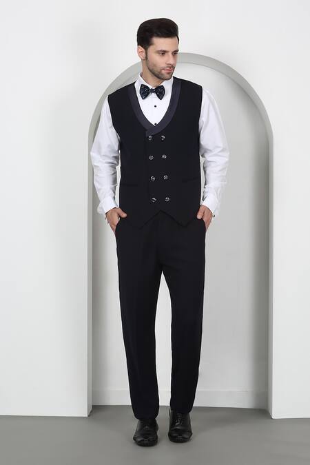 Shop_Aham-Vayam_White Cotton Embroidery, Beads, Cut Work Navy Tuxedo Set With Waistcoat _Online_at_Aza_Fashions