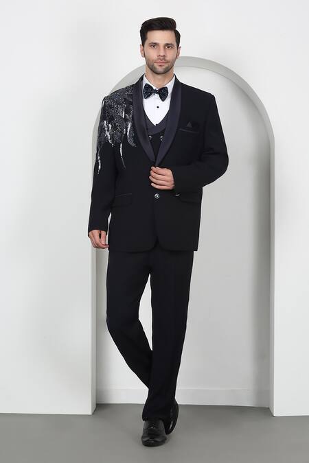 Aham-Vayam_White Cotton Embroidery, Beads, Cut Work Navy Tuxedo Set With Waistcoat _at_Aza_Fashions