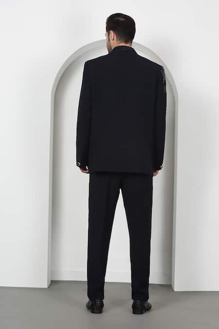 Shop_Aham-Vayam_White Cotton Embroidery, Beads, Cut Work Navy Tuxedo Set With Waistcoat _at_Aza_Fashions