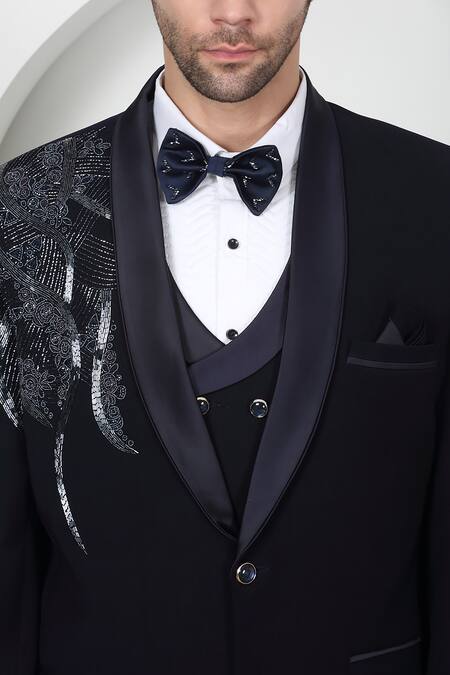 Buy_Aham-Vayam_White Cotton Embroidery, Beads, Cut Work Navy Tuxedo Set With Waistcoat 