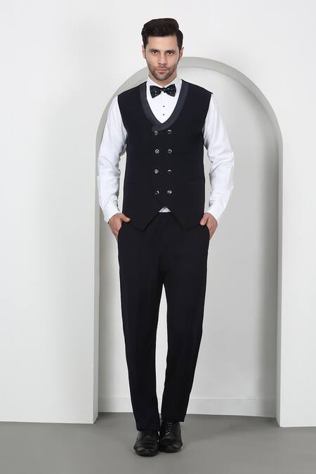 Aham-Vayam_Navy Cotton Beads, Cut Work Embroidered Tuxedo Set _Online_at_Aza_Fashions