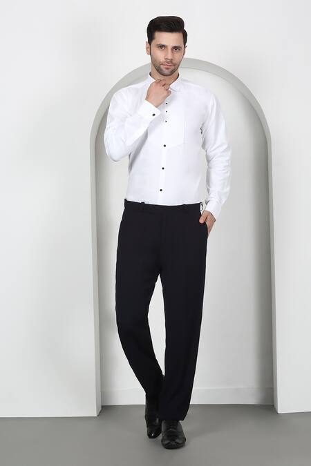 Shop_Aham-Vayam_Navy Cotton Beads, Cut Work Embroidered Tuxedo Set _Online_at_Aza_Fashions