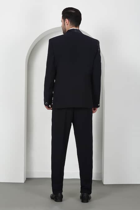 Shop_Aham-Vayam_Navy Cotton Beads, Cut Work Embroidered Tuxedo Set _at_Aza_Fashions