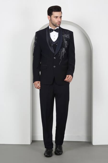 Aham-Vayam_Navy Cotton Beads, Cut Work Embroidered Tuxedo Set _at_Aza_Fashions