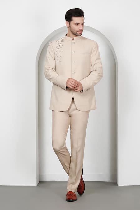 Shop_Aham-Vayam_Cream Cotton Cut Work, Sequins, Embroidery Cutdana Bandhgala Set _Online_at_Aza_Fashions