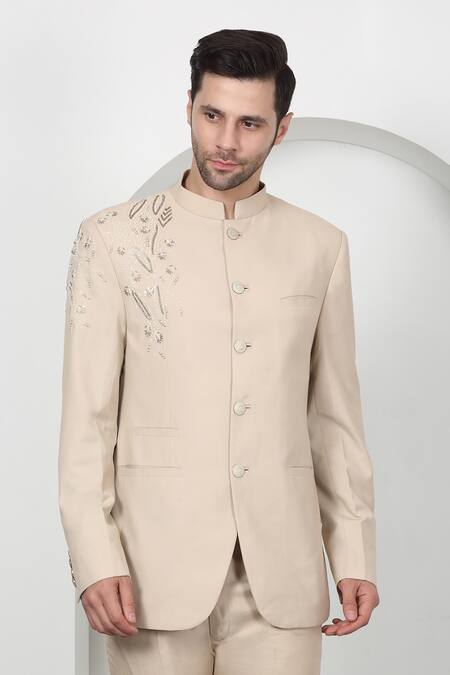 Aham-Vayam_Cream Cotton Cut Work, Sequins, Embroidery Cutdana Bandhgala Set _at_Aza_Fashions