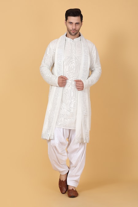 Shop_Aham-Vayam_White Cotton Mirrors, Embroidery Work Kurta Set _at_Aza_Fashions