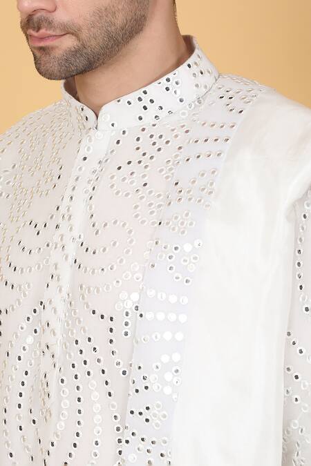 Shop_Aham-Vayam_White Cotton Mirrors, Embroidery Work Kurta Set _Online_at_Aza_Fashions