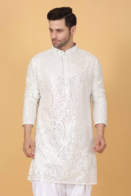 Aham-Vayam_White Cotton Mirrors, Embroidery Work Kurta Set _at_Aza_Fashions
