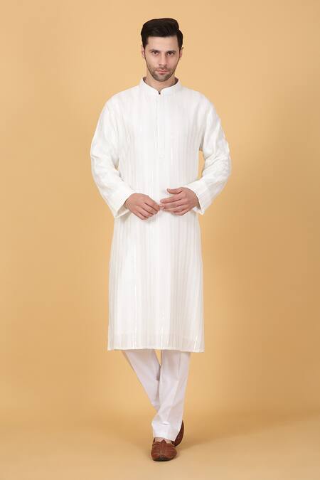 Shop_Aham-Vayam_Off White Cotton Beads, Sequins Stripe Embroidered Kurta Set _Online_at_Aza_Fashions