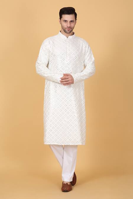 Aham-Vayam_White Cotton Mirrors, Embroidery Barfi Work Kurta Set _Online_at_Aza_Fashions