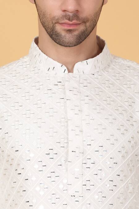 Shop_Aham-Vayam_White Cotton Mirrors, Embroidery Barfi Work Kurta Set _Online_at_Aza_Fashions