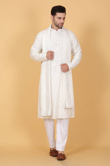 Aham-Vayam_White Cotton Mirrors, Embroidery Barfi Work Kurta Set _at_Aza_Fashions