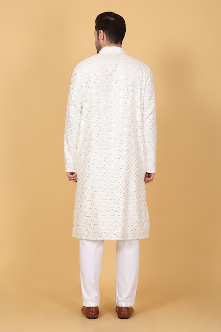 Shop_Aham-Vayam_White Cotton Mirrors, Embroidery Barfi Work Kurta Set _at_Aza_Fashions