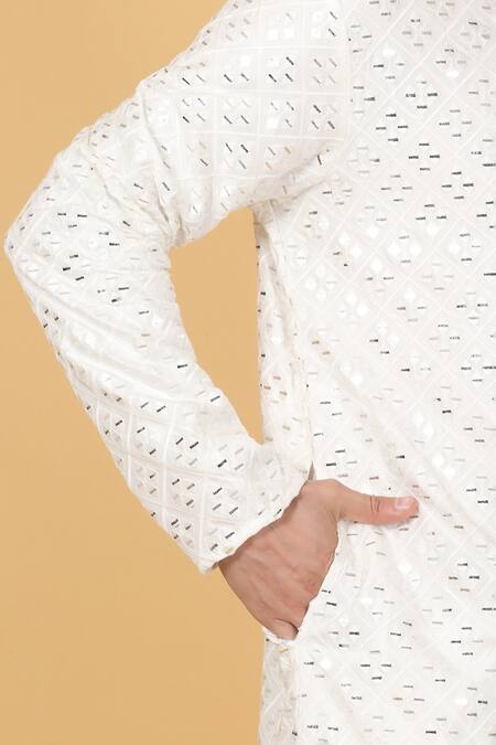 Shop_Aham-Vayam_White Cotton Mirrors, Embroidery Barfi Work Kurta Set 