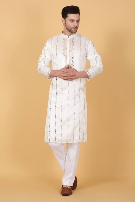 Shop_Aham-Vayam_White Cotton Mirrors, Embroidery Kurta Set _Online_at_Aza_Fashions