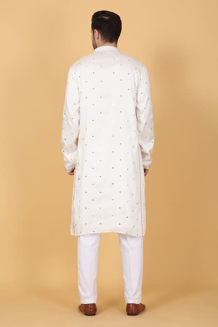 Shop_Aham-Vayam_White Cotton Mirrors, Embroidery Kurta Set _at_Aza_Fashions