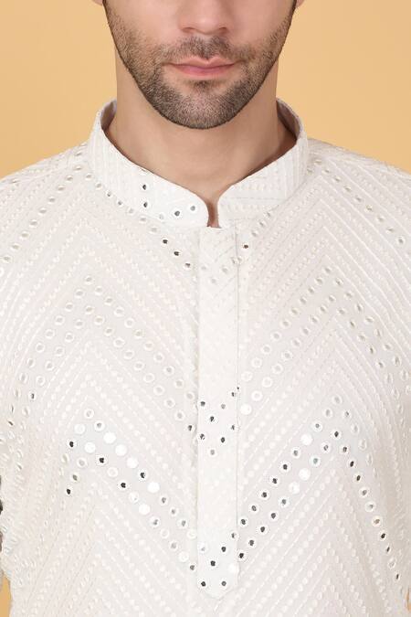 Aham-Vayam_White Cotton Mirrors, Embroidery Zig Zag Kurta Set _Online_at_Aza_Fashions