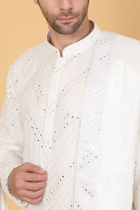 Aham-Vayam_White Cotton Mirrors, Embroidery Zig Zag Kurta Set _at_Aza_Fashions