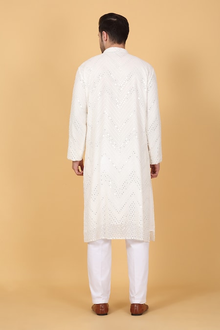Shop_Aham-Vayam_White Cotton Mirrors, Embroidery Zig Zag Kurta Set _at_Aza_Fashions