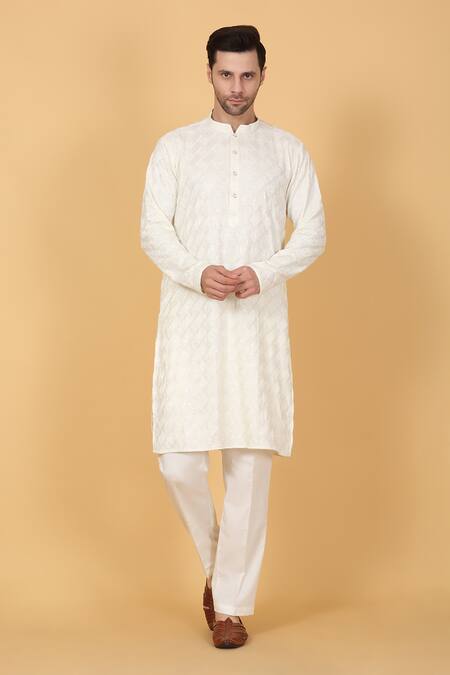 Aham-Vayam_Cream Cotton Sequins, Embroidery Floral Kurta Set _at_Aza_Fashions