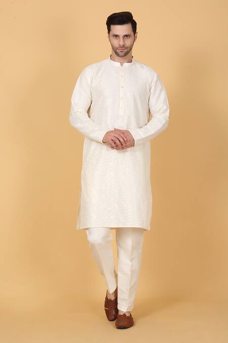 Aham-Vayam_Cream Cotton Sequins, Embroidery Kurta Set _at_Aza_Fashions