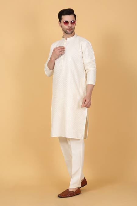 Aham-Vayam_Cream Cotton Sequins, Embroidery Diagonal Stripe Kurta Set _at_Aza_Fashions