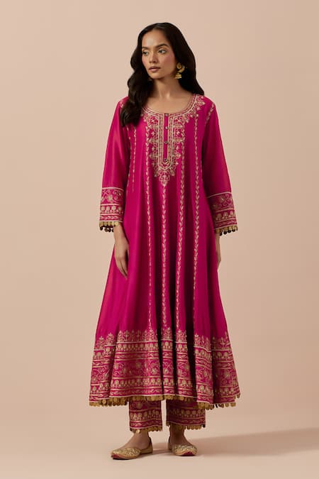 Shop Ikshita Choudhary Magenta Chanderi Silk, Organza Embroidery, Sequins Floral Anarkali Pant Set Online at Aza Fashions Shop_Ikshita Choudhary_Magenta Chanderi Silk, Organza Embroidery, Sequins Floral Anarkali Pant Set _Online_at_Aza_Fashions