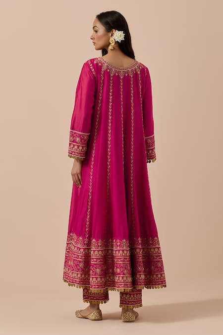 Shop Ikshita Choudhary Magenta Chanderi Silk, Organza Embroidery, Sequins Floral Anarkali Pant Set at Aza Fashions Shop_Ikshita Choudhary_Magenta Chanderi Silk, Organza Embroidery, Sequins Floral Anarkali Pant Set _at_Aza_Fashions