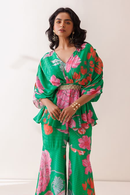 Shop Kisakshi Jaipur Green Crepe Beads, Sequins, Pearls V-neck Floral Embellished Tunic And Sharara Set Online at Aza Fashions Shop_Kisakshi Jaipur_Green Crepe Beads, Sequins, Pearls V-neck Floral Embellished Tunic And Sharara Set _Online_at_Aza_Fashions