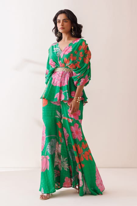 Kisakshi Jaipur Green Crepe Beads, Sequins, Pearls V-neck Floral Embellished Tunic And Sharara Set at Aza Fashions Kisakshi Jaipur_Green Crepe Beads, Sequins, Pearls V-neck Floral Embellished Tunic And Sharara Set _at_Aza_Fashions