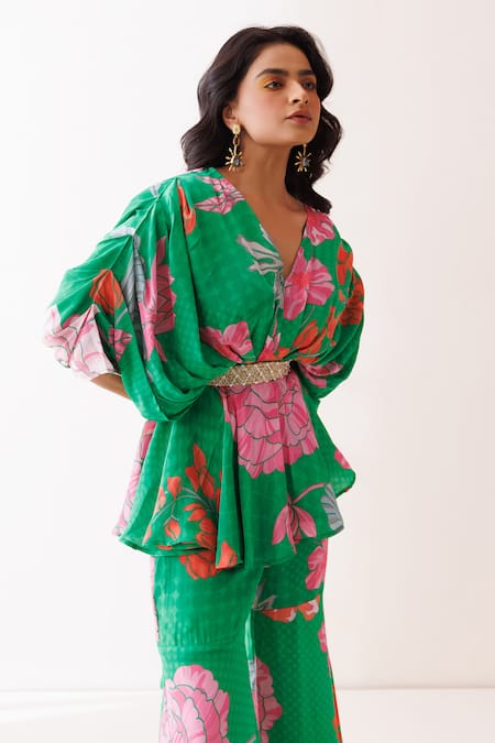 Buy Kisakshi Jaipur Green Crepe Beads, Sequins, Pearls V-neck Floral Embellished Tunic And Sharara Set Buy_Kisakshi Jaipur_Green Crepe Beads, Sequins, Pearls V-neck Floral Embellished Tunic And Sharara Set